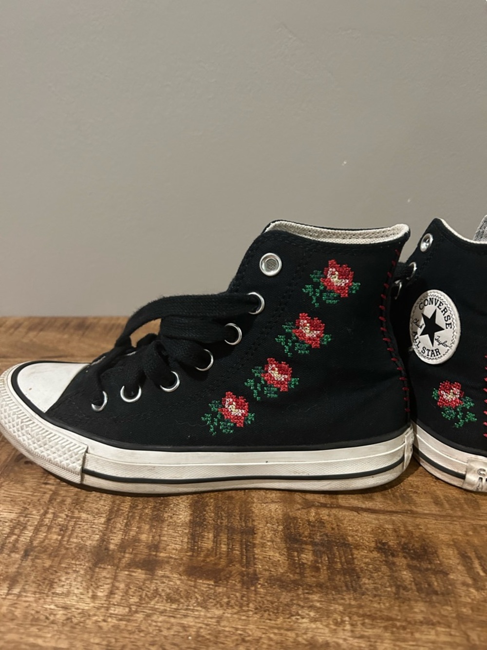 Converse Black High-Top Sneakers with Red Rose Embroidery